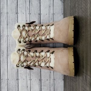 JANE AND THE SHOE-Emilia Winter Boots Faux Suede Lace Up Block Heel Taupe